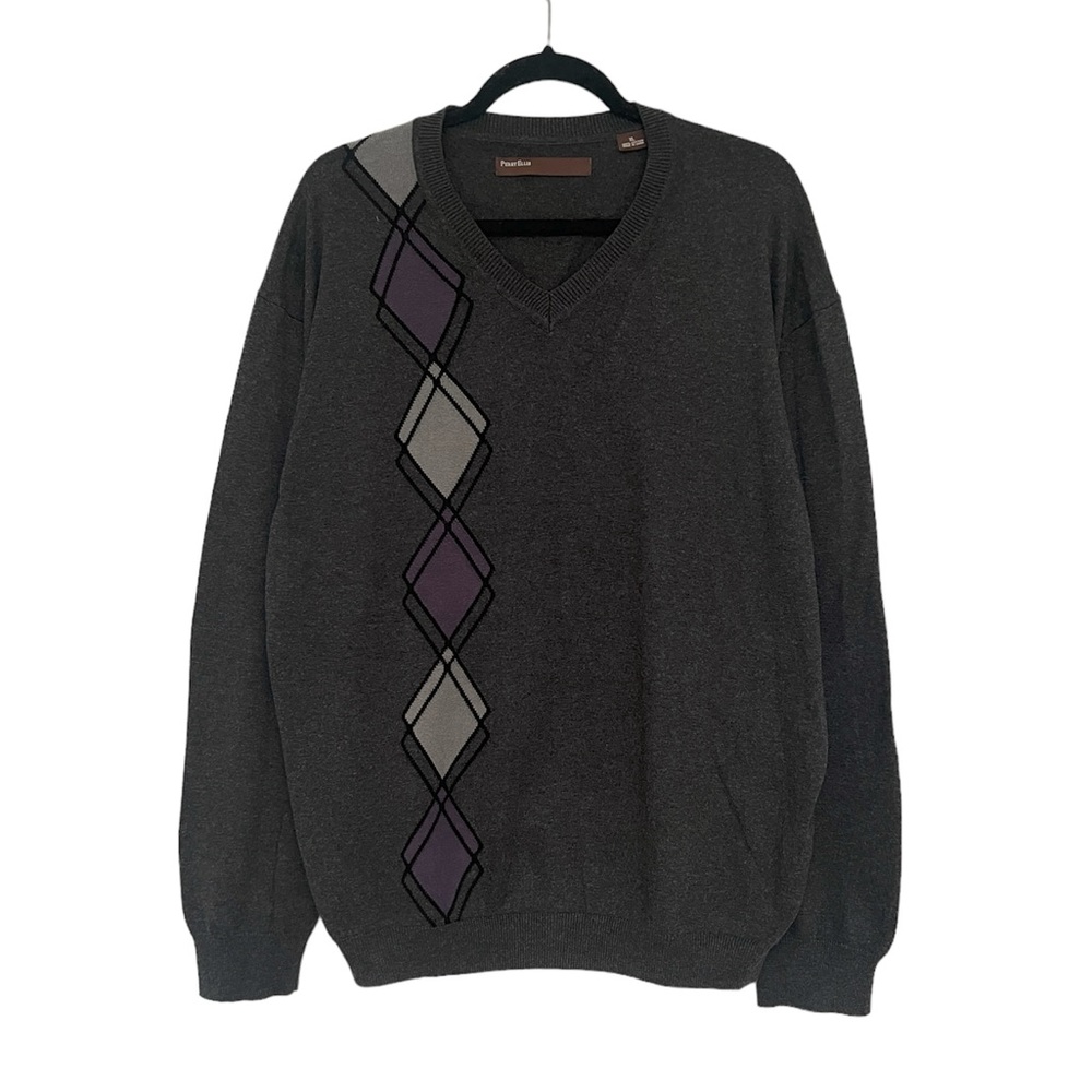 Perry Ellis charcoal grey purple black argyle design cotton sweater XL